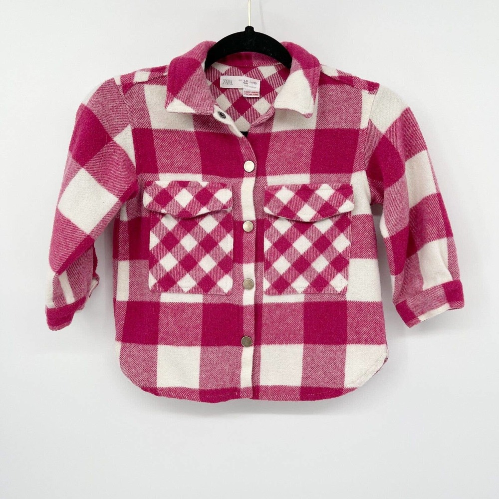 Zara Plaid Overshirt Jacket Girls 4-5 Years Pink White Flannel Button Down‎ Wool